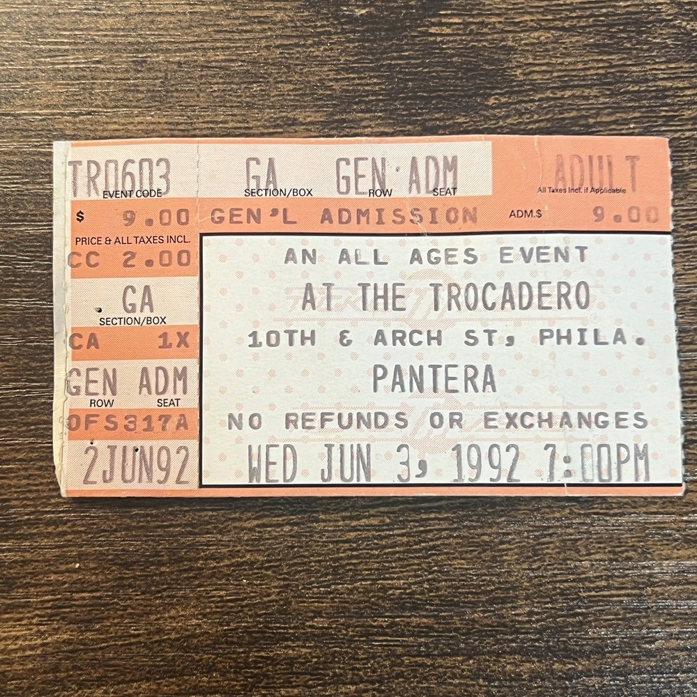 PANTERA-VULGAR DISPLAY OF POWER -June 3 , 1992-At The Trocadero-Philly TICKET